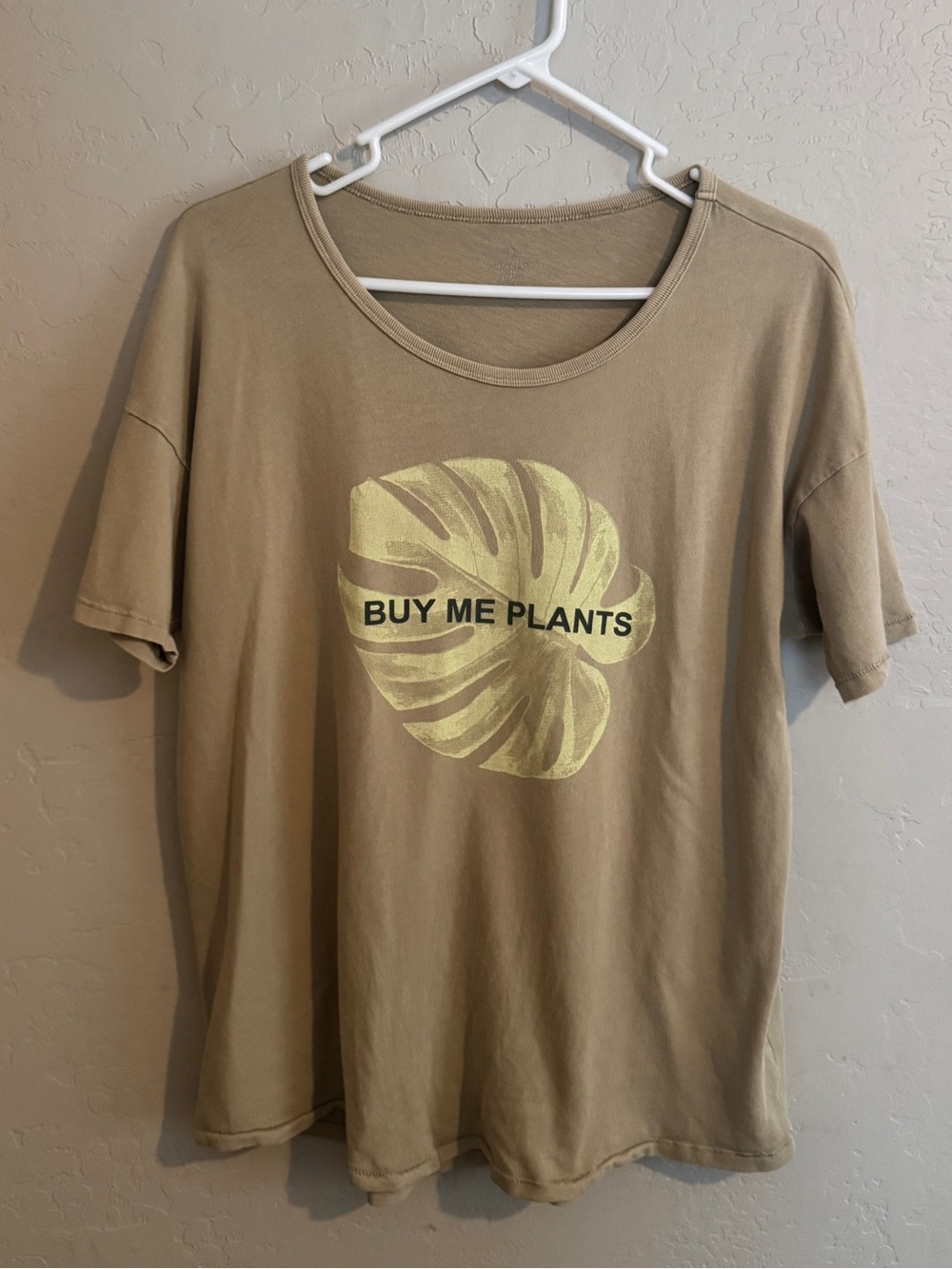 aerie Tan Short Sleeve Tee with Yellow Leaf Graphic - "Buy Me Plants"